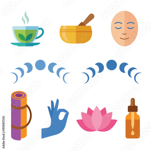 A collection of yoga and wellness icons featuring a cup of tea
