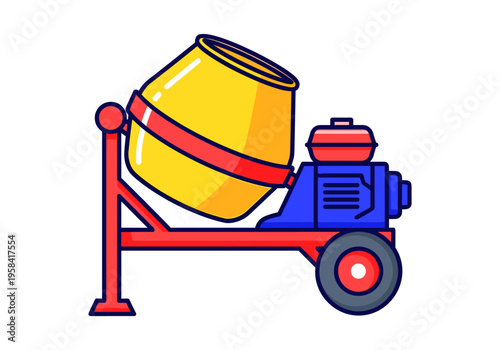 Portable concrete mixer with yellow drum and red frame on white background