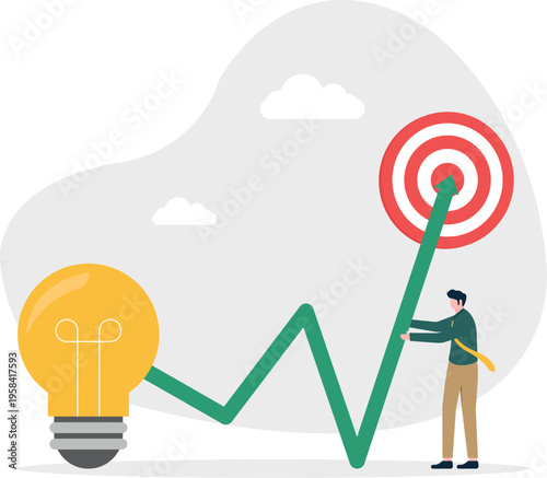 Businessman looking at a target with a lightbulb at the start of a zigzag growth graph
