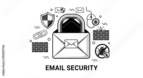 Email Security concept illustration with padlock, shield, and firewall icons in black and white line art.