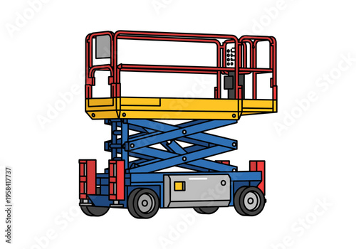 Scissor lift platform with red railings and yellow deck on a white background