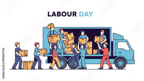 Labor Day Celebration: A group of construction workers, united in solidarity, hold up a banner proudly proclaiming Labor Day, honoring the hard work and dedication of the workforce.