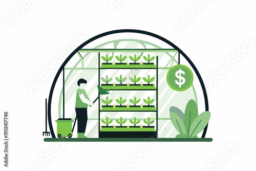 A person tending to plants inside a greenhouse with a financial symbol