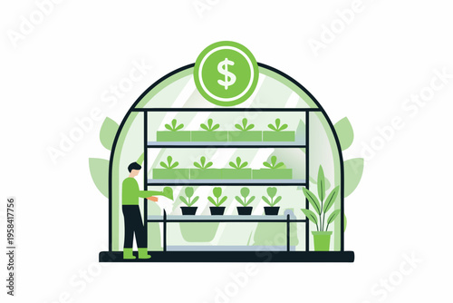 A person tending to plants growing inside a greenhouse with a dollar sign