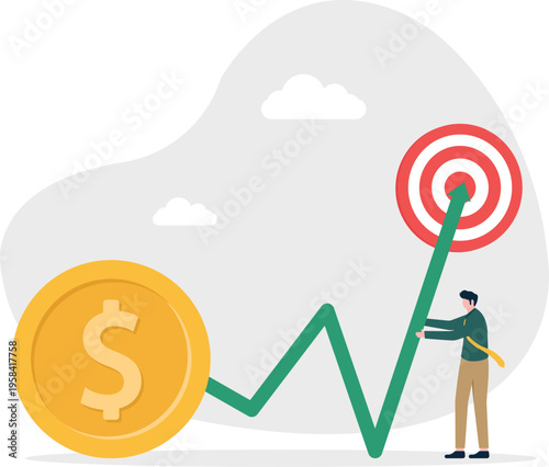 Businessman looking at a target with a gold coin at the start of a zigzag profit growth graph