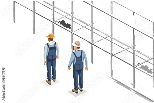 Construction workers inspecting metal framework on a dark background