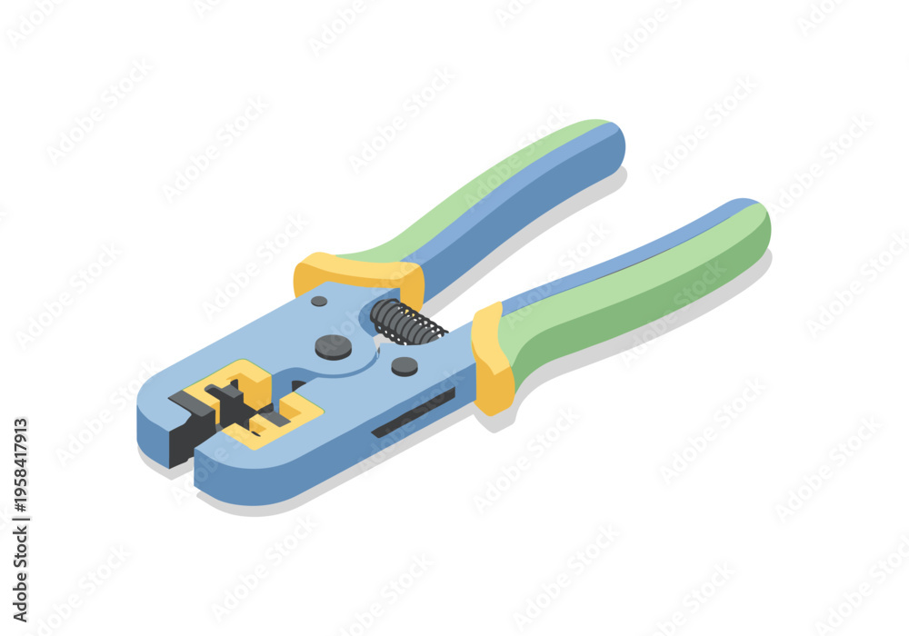 Fototapeta premium Crimping tool for network cables with blue and green handles, isolated on white
