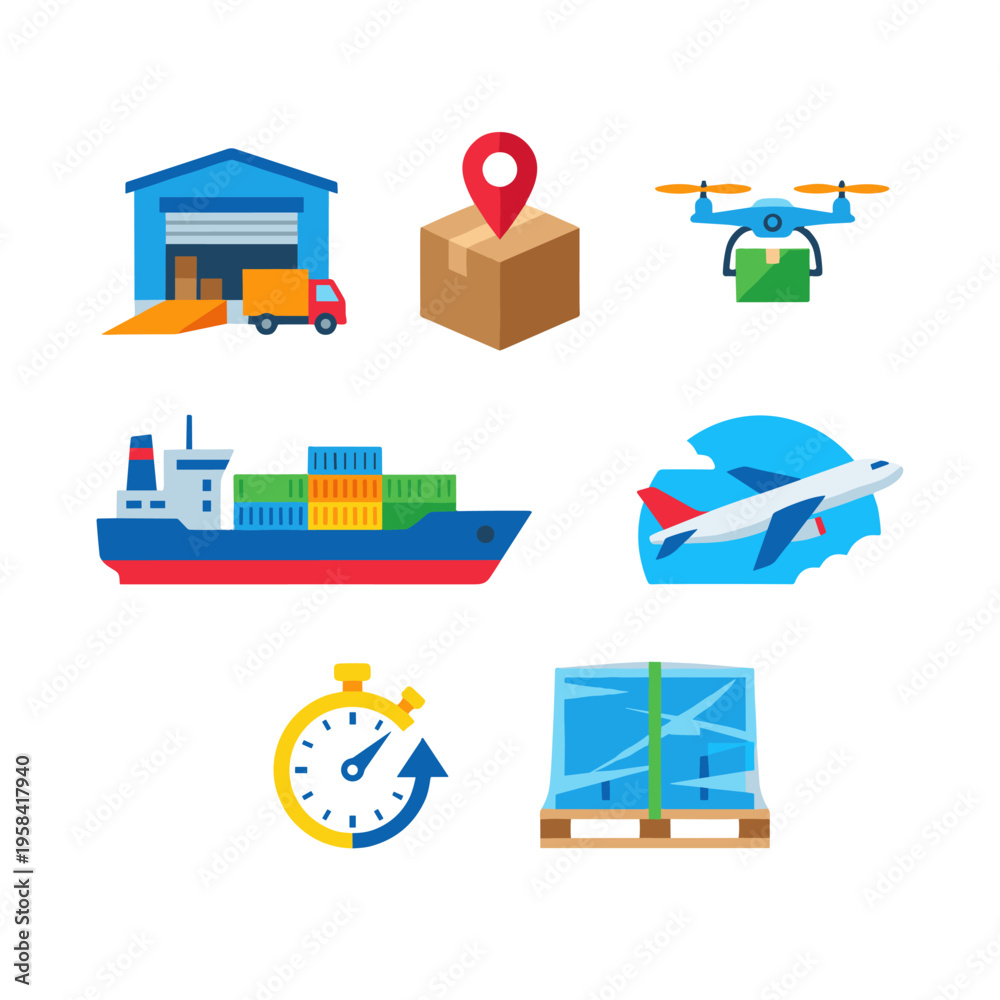 Obraz premium Set of flat vector icons representing logistics and delivery