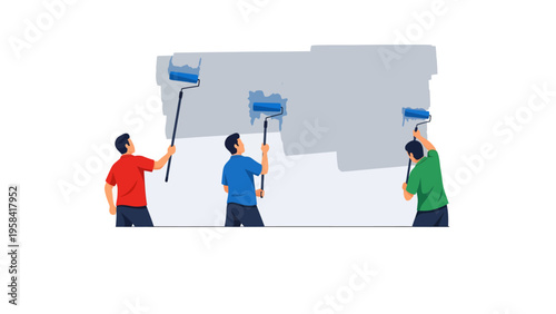 Team of Painters in Action: A group of skilled individuals collaborate to revitalize a structure, employing paint rollers to apply fresh color and renew the building's aesthetic appeal.