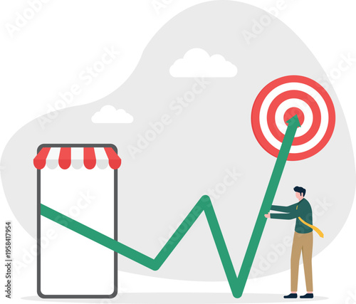 Professional man looking at a target with a mobile shop at the start of an e-commerce growth graph