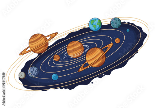 Colorful cartoon solar system with planets orbiting a star on a white background
