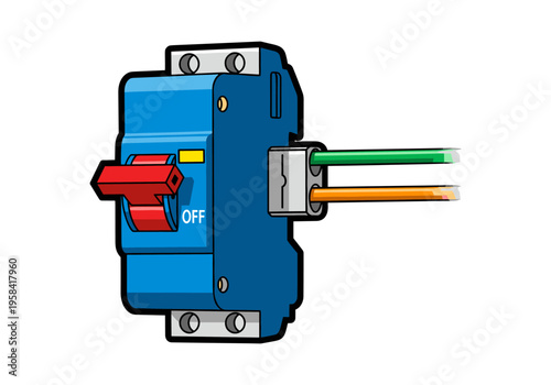 Electrical circuit breaker with red switch in off position and connected wires