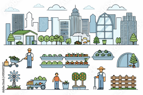Cityscape and farmland illustration showcasing urban gardening and local produce