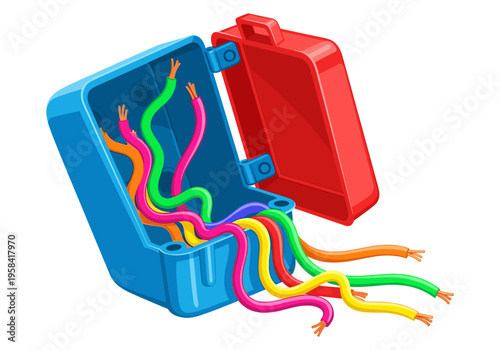 Open electrical junction box with colorful wires spilling out