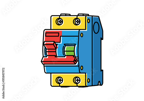 Colorful electrical circuit breaker with red and green switch on white background