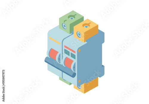 Modern circuit breaker with dual switches and colorful terminals on white background