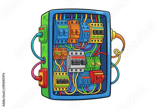 Colorful cartoon electrical panel with many circuit breakers and wires
