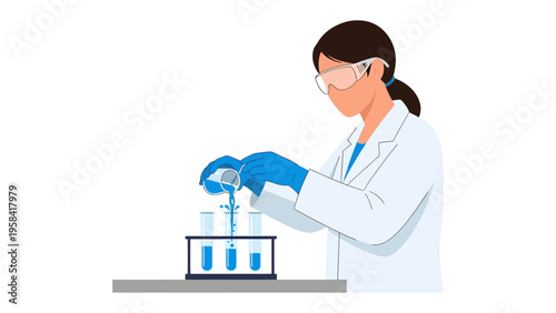 Scientific Precision in Lab: A diligent scientist meticulously conducts an experiment, carefully pouring liquids into test tubes in a sterile laboratory environment.