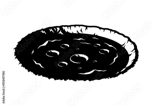 Stylized black and white illustration of a cratered surface with a rough edge