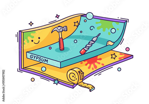 Cute cartoon gypsum board with tools and measuring tape for construction