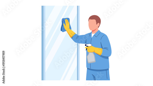 Window Cleaning: A dedicated cleaner diligently polishes a window, reflecting dedication and service in every swipe.