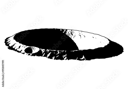 Stylized black and white illustration of a lunar crater with sharp edges and shadows