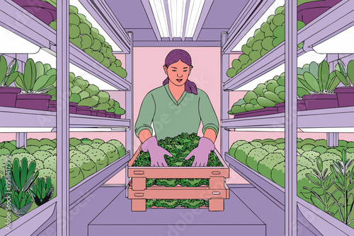 Woman tending to leafy greens inside a vertical farming structure