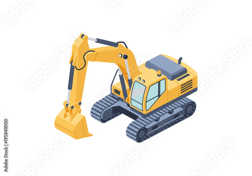 Yellow excavator with bucket and tracks on a white background, isometric view