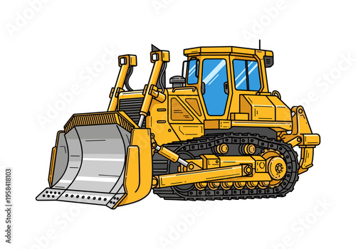 Yellow bulldozer illustration with a large blade and tracks on a white background