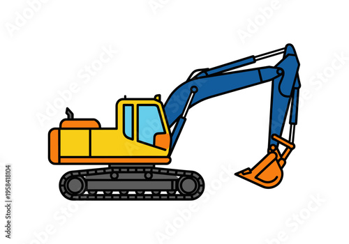 Yellow and blue excavator with tracks on a white background