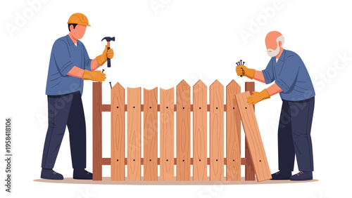 Fence Construction: Two individuals working harmoniously to build a wooden fence, their collaborative effort showcasing teamwork and skill, constructing a boundary or enclosure.