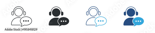 Customer support and online communication icon set. Call center operator, headset assistance and chat service concept. Vector illustration.