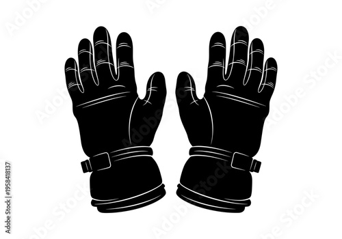 Pair of black winter gloves with adjustable straps and white stitching detail