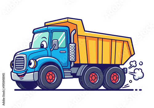 Cute cartoon dump truck with a happy face driving and emitting exhaust