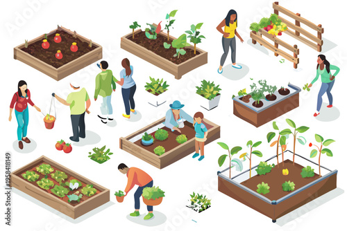 Isometric illustration of people gardening in raised beds and tending plants