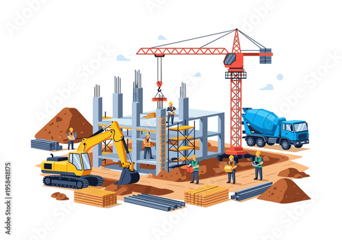 Construction site with workers, crane, excavator, and cement truck building structure