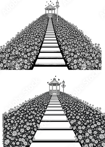 Black and white garden pathway leading to gazebo, lined with flowers and lanterns, peaceful landscape illustration, romantic outdoor scenery design concept