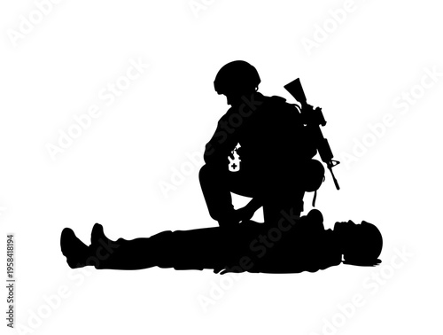 Military Medic Assisting Injured Soldier Silhouette