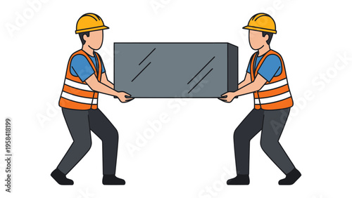 Teamwork in Construction: Two construction workers work in harmony and carrying a heavy block, symbolizing collaboration, effort, and unity in a building project.