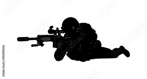 Sniper in Tactical Prone Position with Rifle
