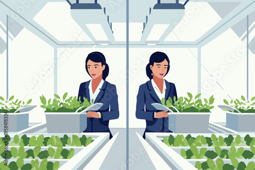 Woman inspecting indoor vertical farm with hydroponic plants and technology