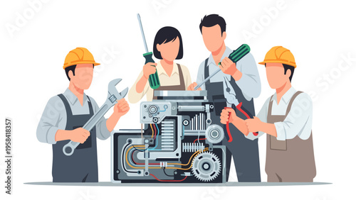 Team of Technicians Assembling Machinery: A skilled team of technicians working collaboratively to assemble machinery, highlighting precision, teamwork, and technical expertise. 