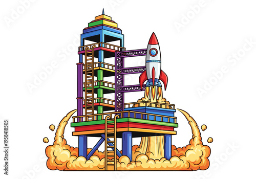 Colorful rocket launching from a vibrant space launchpad with dramatic exhaust
