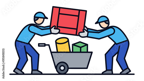 Delivery Team: Two delivery persons expertly maneuver a vibrant crate onto a trolley filled with diverse packages, capturing a moment of coordinated effort and efficient service.