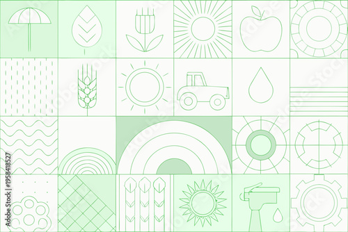 A grid of light green line art icons depicting nature and weather