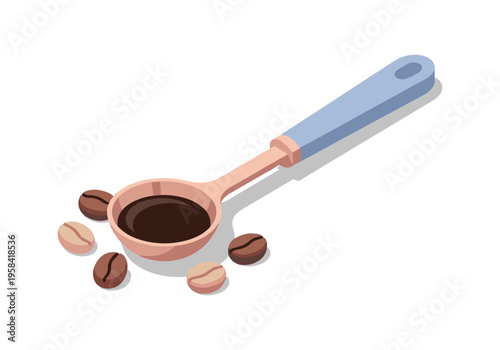 Isometric coffee scoop with beans and dark liquid on white background
