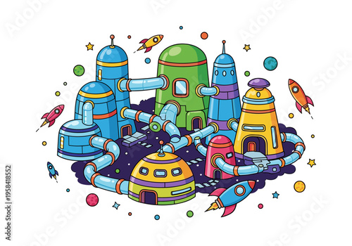 Whimsical cartoon space colony with rockets and colorful futuristic buildings