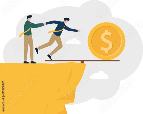 Businessman pushing another man on a plank over a cliff with a large gold coin representing risk