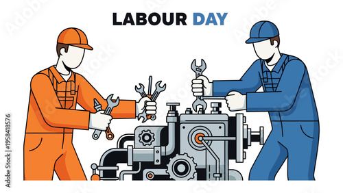 Labor Day Celebration: A graphic representation paying tribute to hardworking individuals across industries, showcasing two laborers diligently at work on machinery, symbolizing dedication and skill.