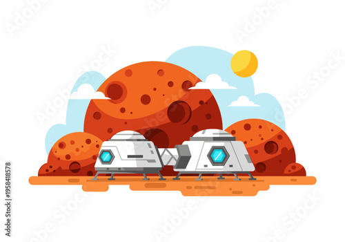 Two futuristic spacecrafts landed on the surface of Mars with large red planets in background